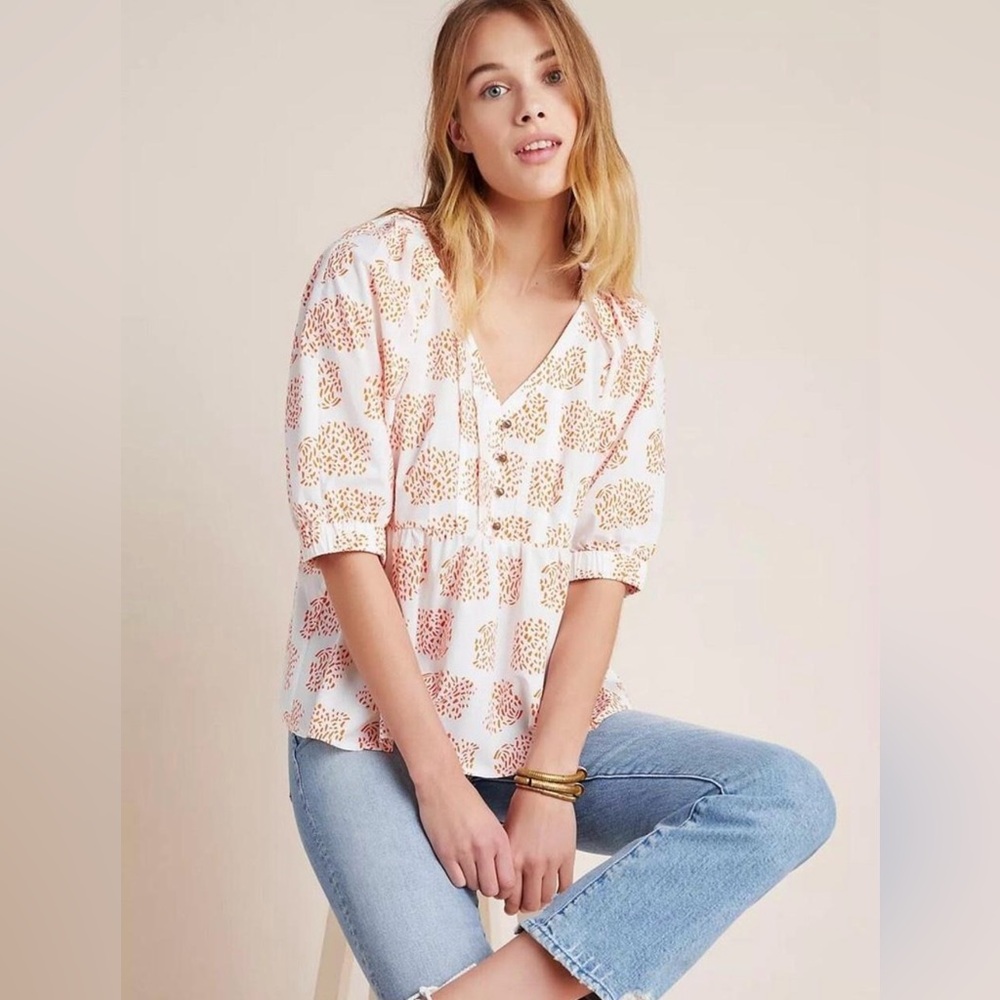 Anthropologie Moglea Danae Poplin Floral Motif Babydoll Blouse XS Feminine